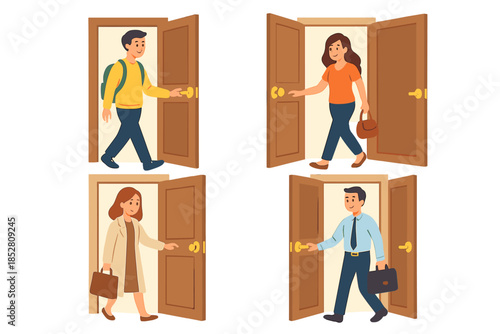 People entering and exiting doors