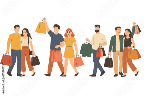 Diverse group of people shopping together with shopping bags and clothing