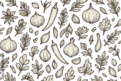 Seamless pattern of hand-drawn spices and herbs on a brown background