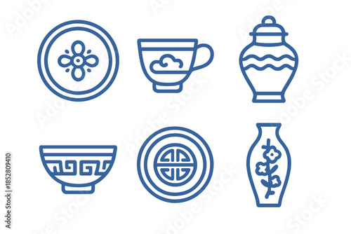 Collection of traditional East Asian ceramic icons glowing in blue on a dark background