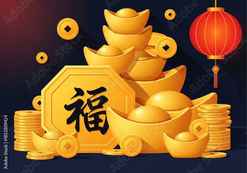 Digital illustration of gold coins and ingots with a Chinese character for 'luck' and a red lantern on a dark background.
