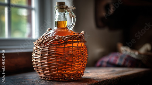demijohn. Wicker-wrapped glass bottle with amber liquid on a rustic wooden table. bar promotions, beverage menus, designed for food & beverage menus and cafe branding.
