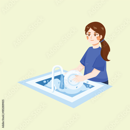 A flat illustration of a woman washing dishes at a kitchen sink, representing daily household chores and home activities.