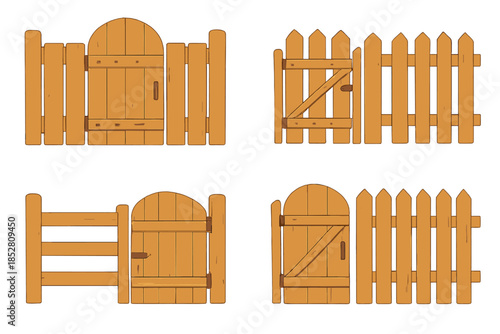 Four wooden gates and fences