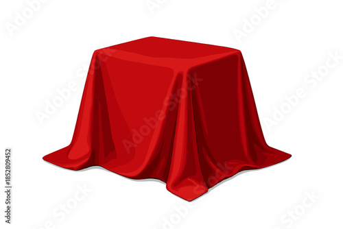 Red silk tablecloth covering a square object