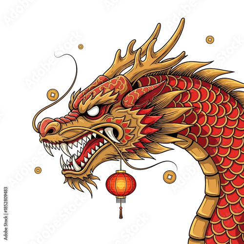 Illustration of a red and gold dragon head with a lantern on a white background.