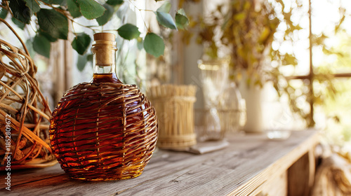 demijohn. Wicker-wrapped glass bottle with amber liquid on a rustic wooden table. bar promotions, beverage menus, designed for food & beverage menus and cafe branding.
