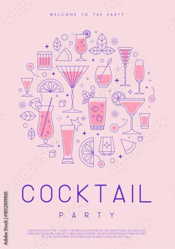 Holiday line art cocktail party poster or banner with cocktail and champagne glasses. Restaurant menu design. Vector illustration