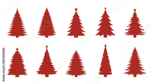Collection of red Christmas tree silhouettes on white background vector