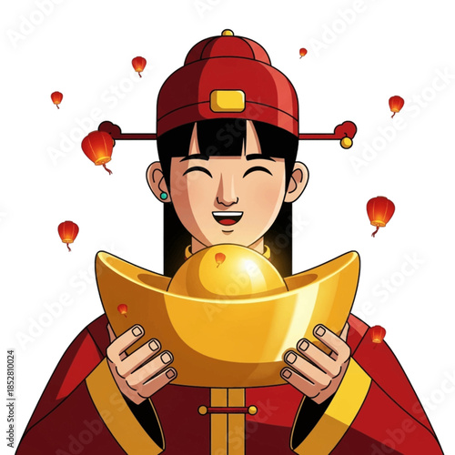 Cartoon Asian woman in traditional red clothing holding a gold ingot with red lanterns floating around her on a white background.