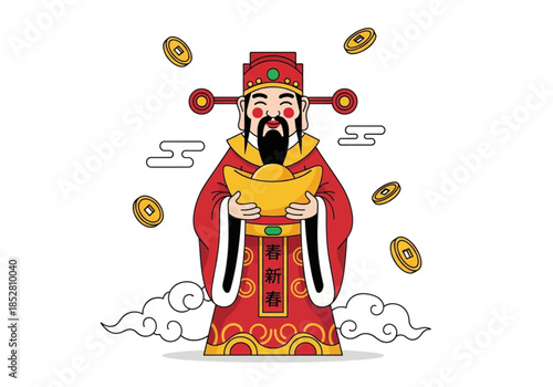 Cartoon illustration of a Chinese man in traditional red attire holding a gold ingot with coins and clouds on a white background.