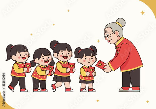 Elderly woman giving red envelopes to four young girls in traditional Chinese clothing against a white background