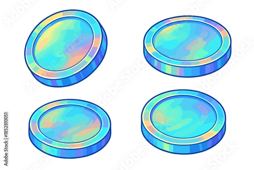 Four holographic coins with iridescent glow