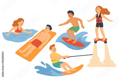 Group of people enjoying water sports on a bright day.