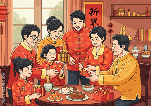 Illustration of a diverse family in traditional Chinese clothing gathered around a table with food and gifts in a warmly lit room.