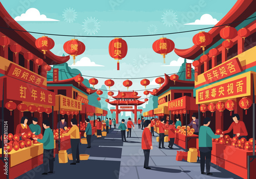 Vibrant illustration of a couple celebrating love on Valentine's Day in a traditional Chinese market filled with red lanterns and decorations.