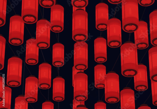 A romantic valentine's day decoration with numerous red cylindrical lanterns hanging against a dark background, conveying love and warmth.