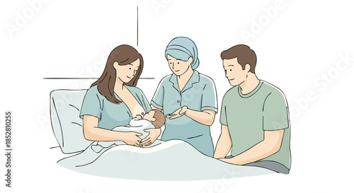 Newborn Baby with Parents in Hospital Room.