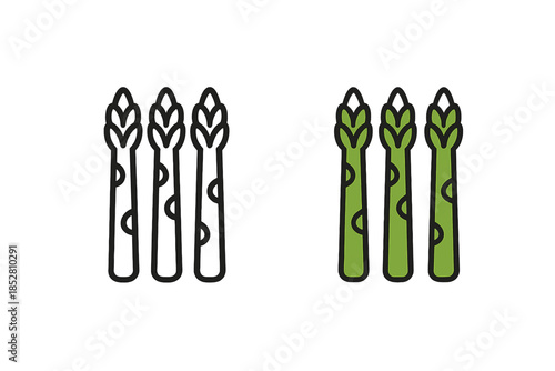 Three green asparagus spears with dark outlines on a dark background.