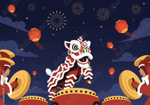 A vibrant lion dance performance with red and white costumes, surrounded by lanterns and fireworks on a festive night