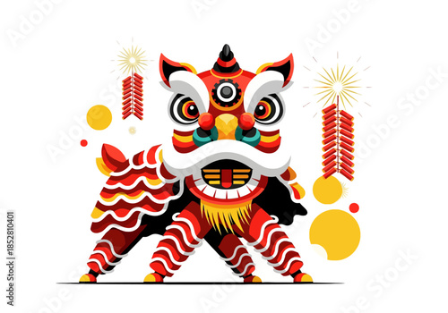A vibrant lion dance illustration with red and yellow decorations, conveying a festive and celebratory mood on Valentine's Day for love and couple appreciation.