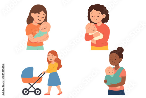 Diverse mothers bonding with their babies in various loving ways