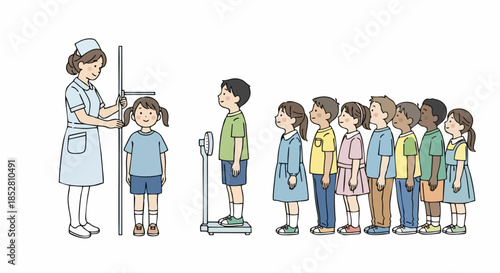 School Nurse Measuring Student Height in Line.