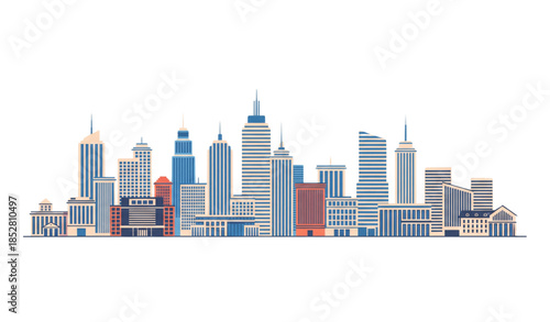 Modern city skyline vector illustration with office buildings and urban architecture isolated on transparent background