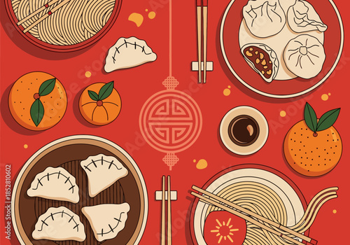 Flat lay of traditional Chinese dumplings, oranges, and chopsticks on a red background with golden accents for a festive valentine or love-themed celebration.