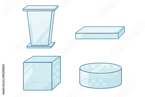 Transparent 3D geometric shapes with blue outlines on a gradient background