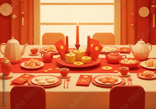 A romantic couple celebrates Valentine's Day with a cozy dinner setup, complete with red envelopes, tea, and traditional Chinese desserts on a elegantly set table.