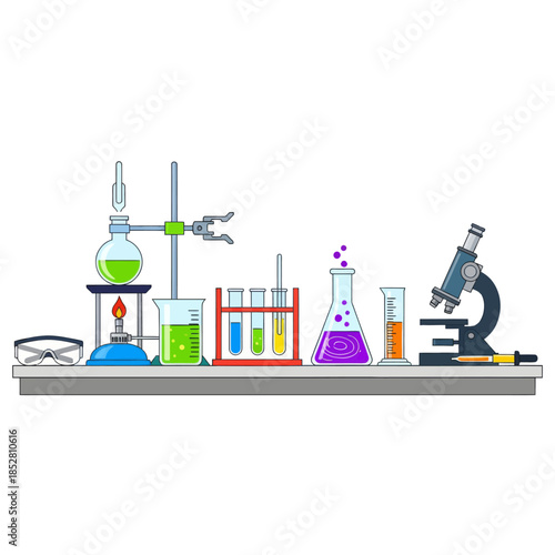 Modern Laboratory Equipment Setup with Glassware and Scientific Instruments for Research and