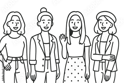 Four women in stylish outfits smiling and posing