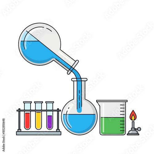 Scientific laboratory apparatus setup with beakers test tubes and heat source for chemical