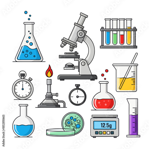 comprehensive laboratory equipment collection with glassware microscopes and measuring tools for