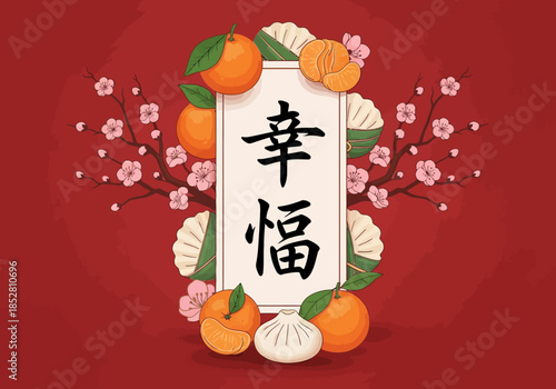 A vibrant Valentine's Day or Chinese New Year graphic design featuring a white banner with 'happiness' in Chinese characters, surrounded by oranges, blossoms, and