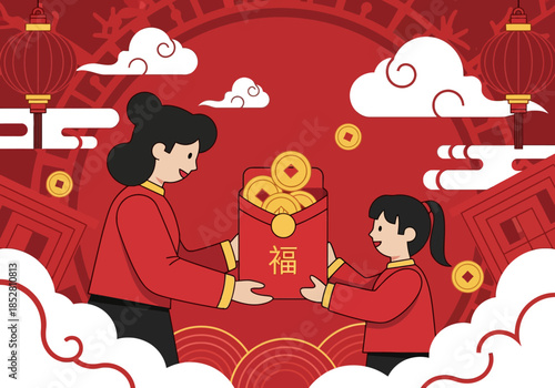 Illustration of a woman and a girl in traditional Chinese attire exchanging a red envelope with golden coins on a festive red background with clouds and lanterns for