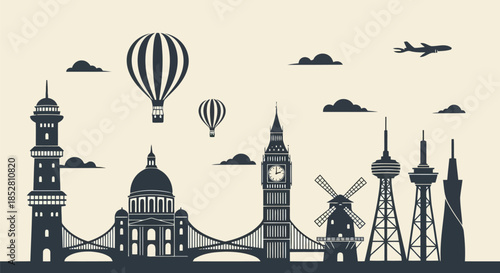 Vector illustration of famous landmarks and modes of transportation on beige background