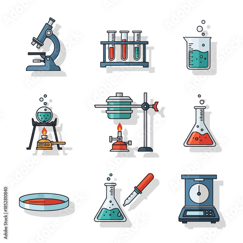 Collection of laboratory equipment and scientific apparatus for experiments and research activities