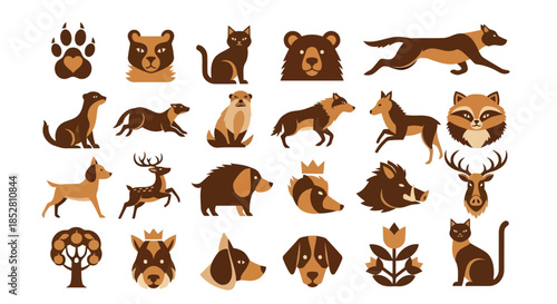 Collection of brown and tan animal icons on white background vector
