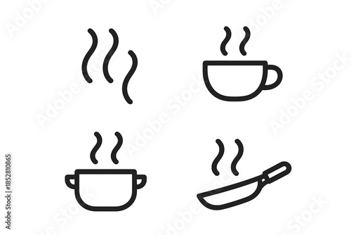 Four cooking and hot beverage icons with steam on a dark background