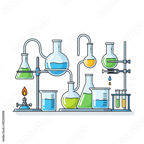 Colorful laboratory glassware with chemicals and liquids performing scientific experiments
