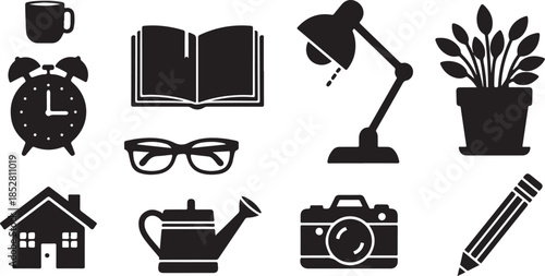 Set of black and white office and hobby icons