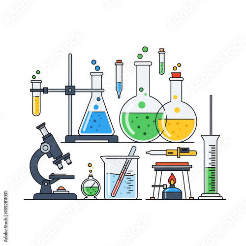 Illustration of Laboratory Equipment and Glassware Used in Scientific Experiments