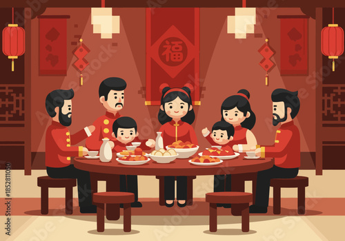 A cartoon family in traditional red attire sharing a meal together on valentine's day with love and warmth in a cozy chinese dining room.
