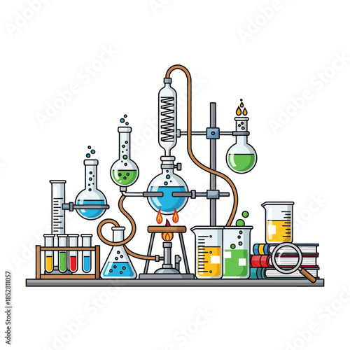 Intricate Laboratory Chemistry Setup with Various Glassware and Tubing for Scientific Experiments
