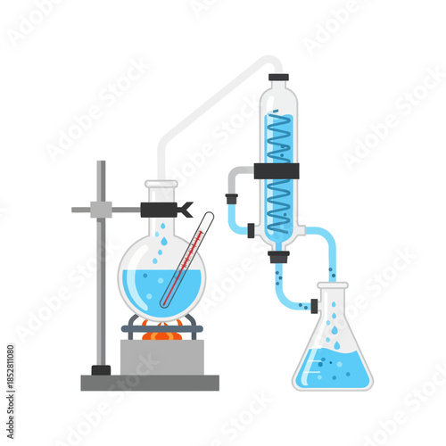 Experimental laboratory setup depicting science apparatus with glassware and tubing for chemical