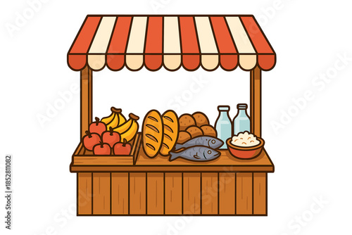 Cartoon market stall with fresh produce and groceries