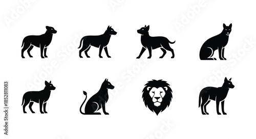 Collection of dog and lion silhouettes on white background vector