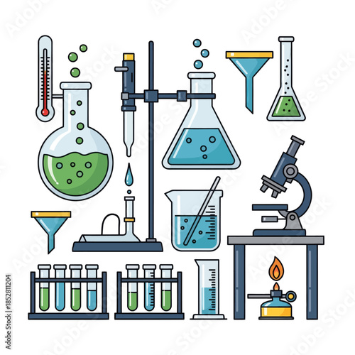 Colorful Laboratory Glassware Equipment Set with Scientific Instruments and Testing Tools